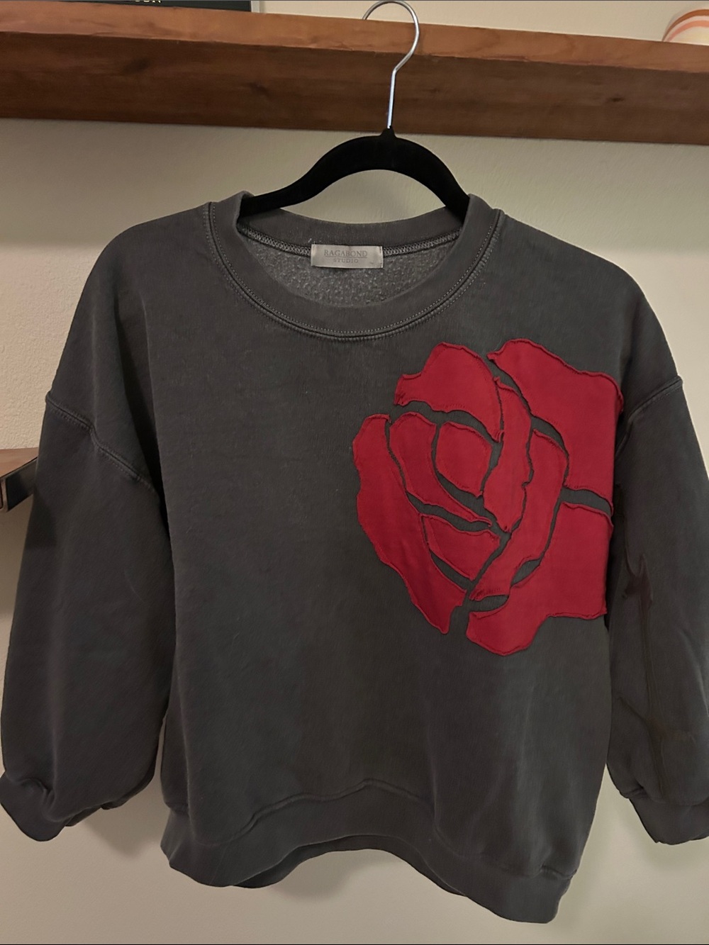 Free People Ragabond Studio Charcoal Sweatshirt with Red Rose Applique